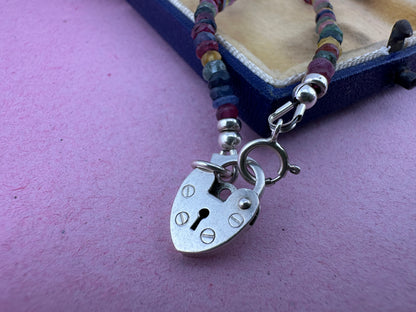 Rainbow- Mixed Gemstone Mini beaded necklace with Vintage Sterling Heart Padlock