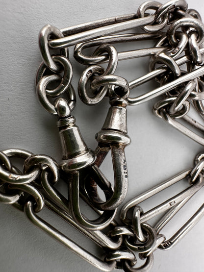 Antique Sterling Silver Trombone Albert chain with double dog clips and fixed T-bar