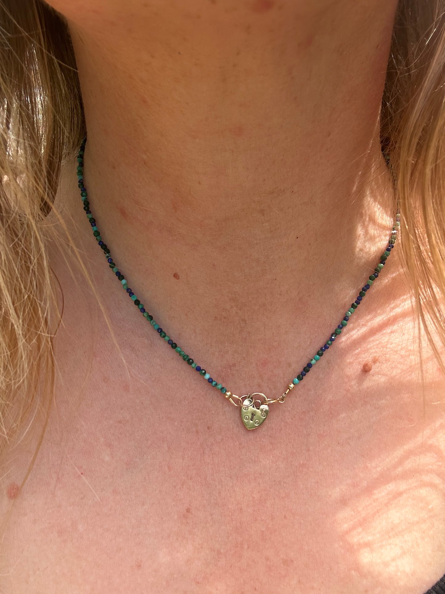 Turquoise, Malachite & Lapis Lazuli Mini beads with vintage 9ct Gold Heart padlock