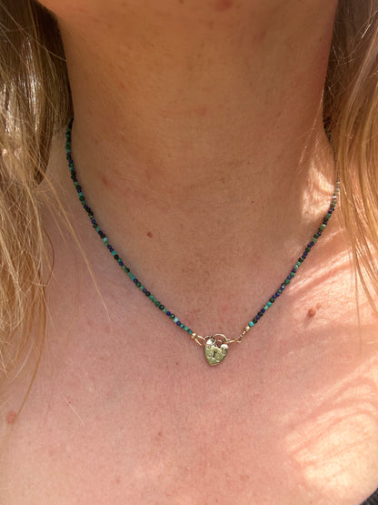 Turquoise, Malachite & Lapis Lazuli Mini beads with vintage 9ct Gold Heart padlock