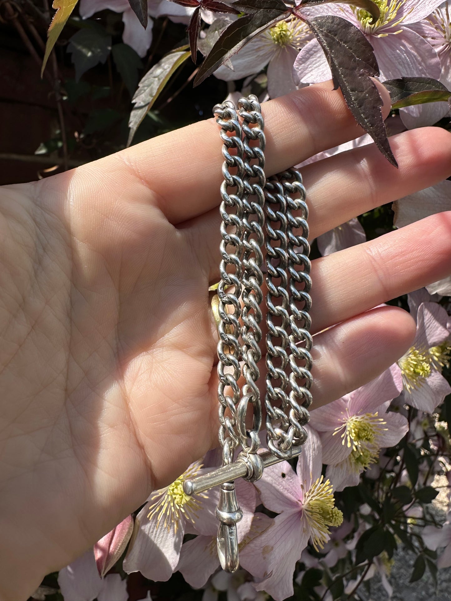 Antique Sterling Silver Ungraduated Curb Albert with dogclip and t-bar