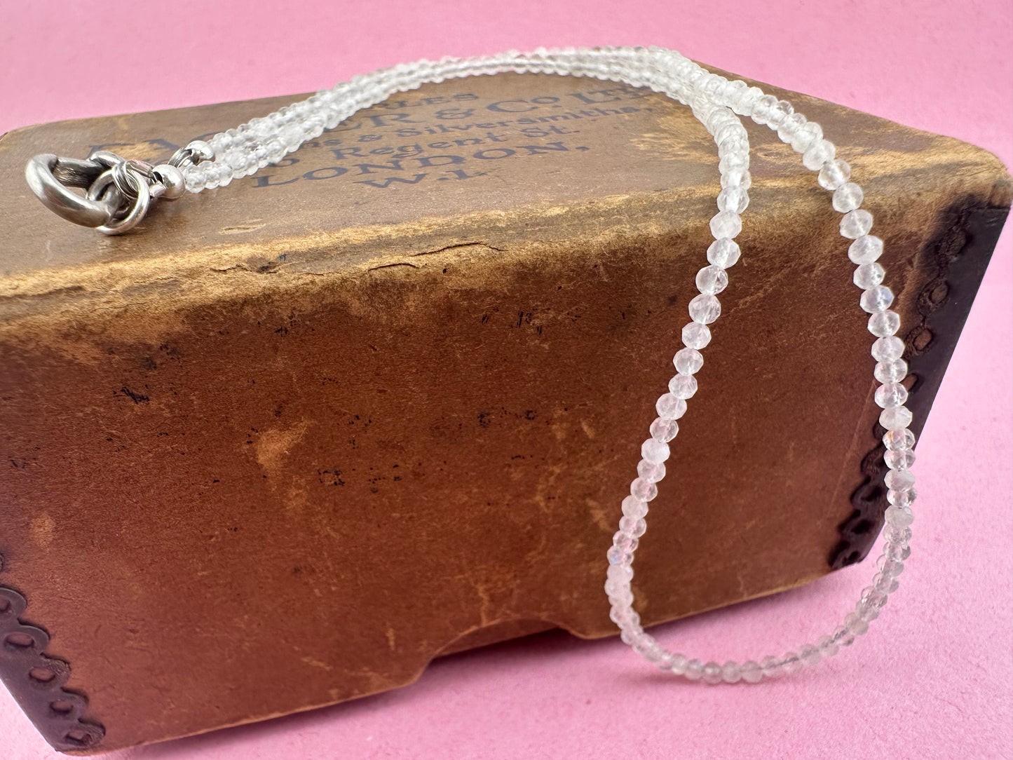 Moonstone Mini Beads with Antique Silver Dog Clip