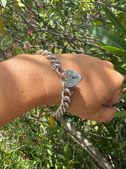 Sterling silver textured chunky curb bracelet with heart padlock