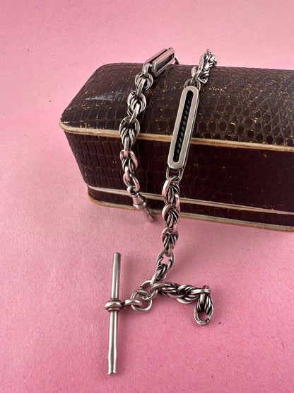 Antique Sterling Silver Bar and lovers knot Albert chain with T-bar and dog clip