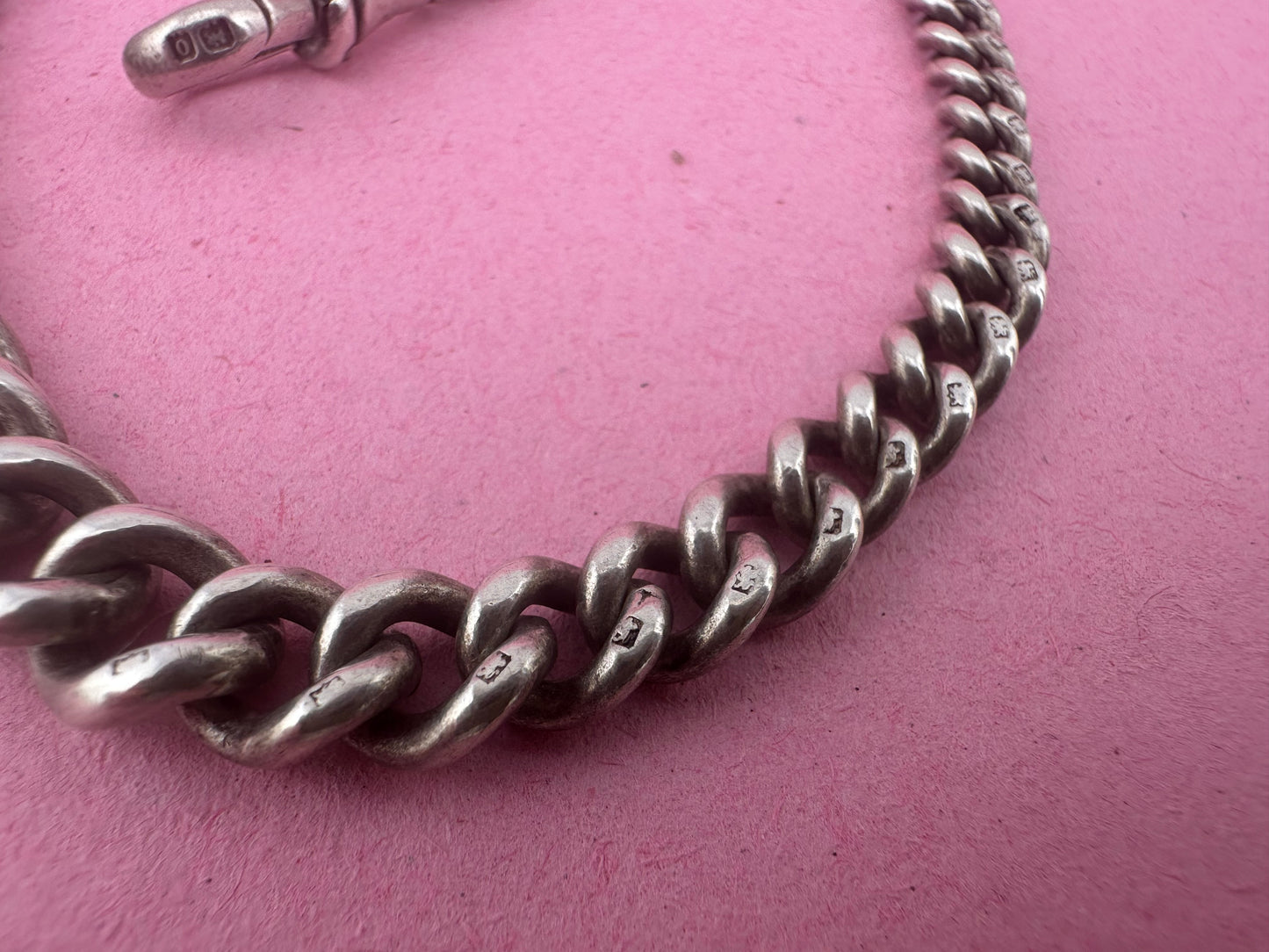 Sterling Silver Graduated Curb Albert with dog clip, fob and T-Bar