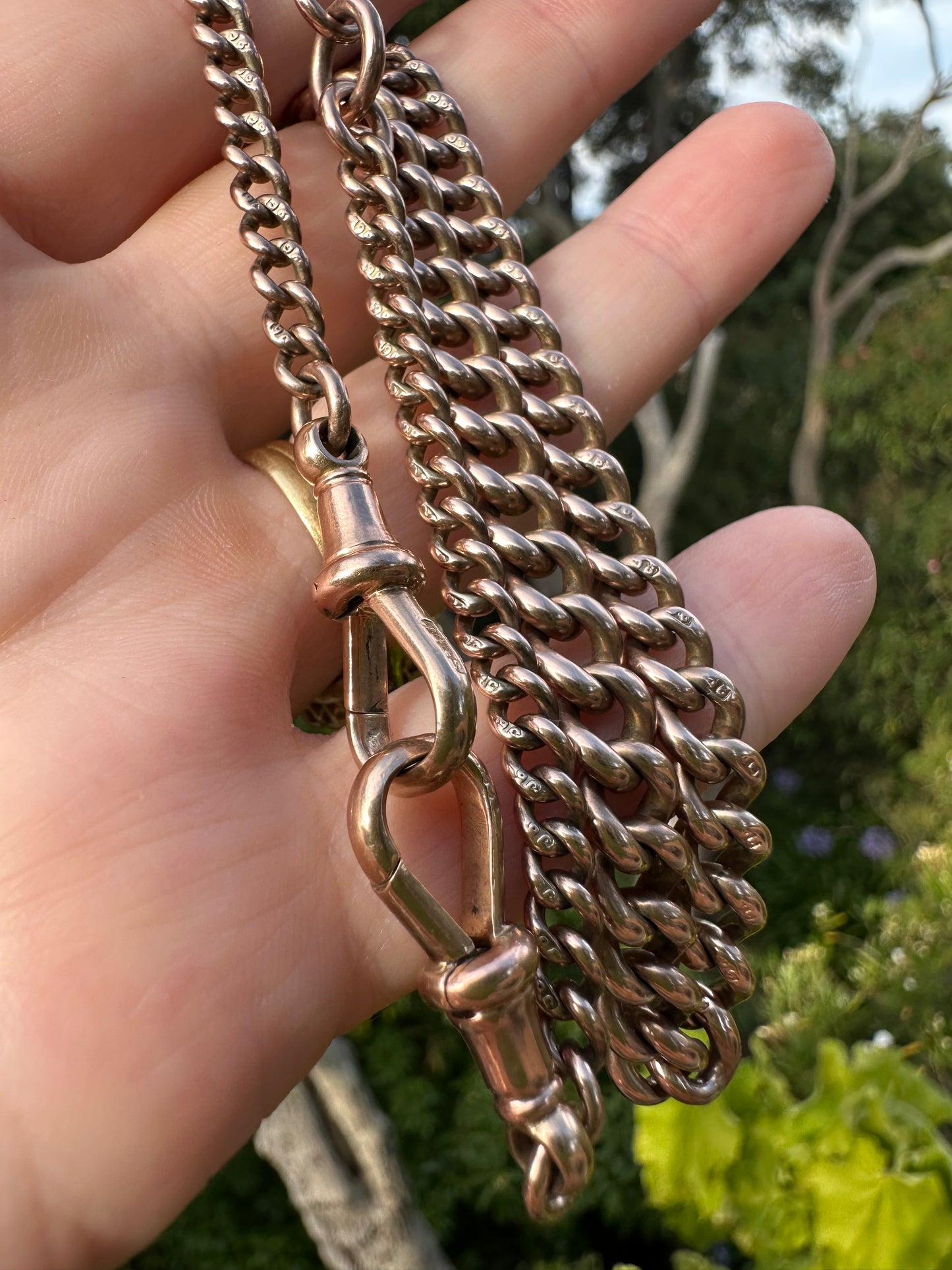 Antique 9ct Rose Gold Graduated curb Albert chain with double dog clips