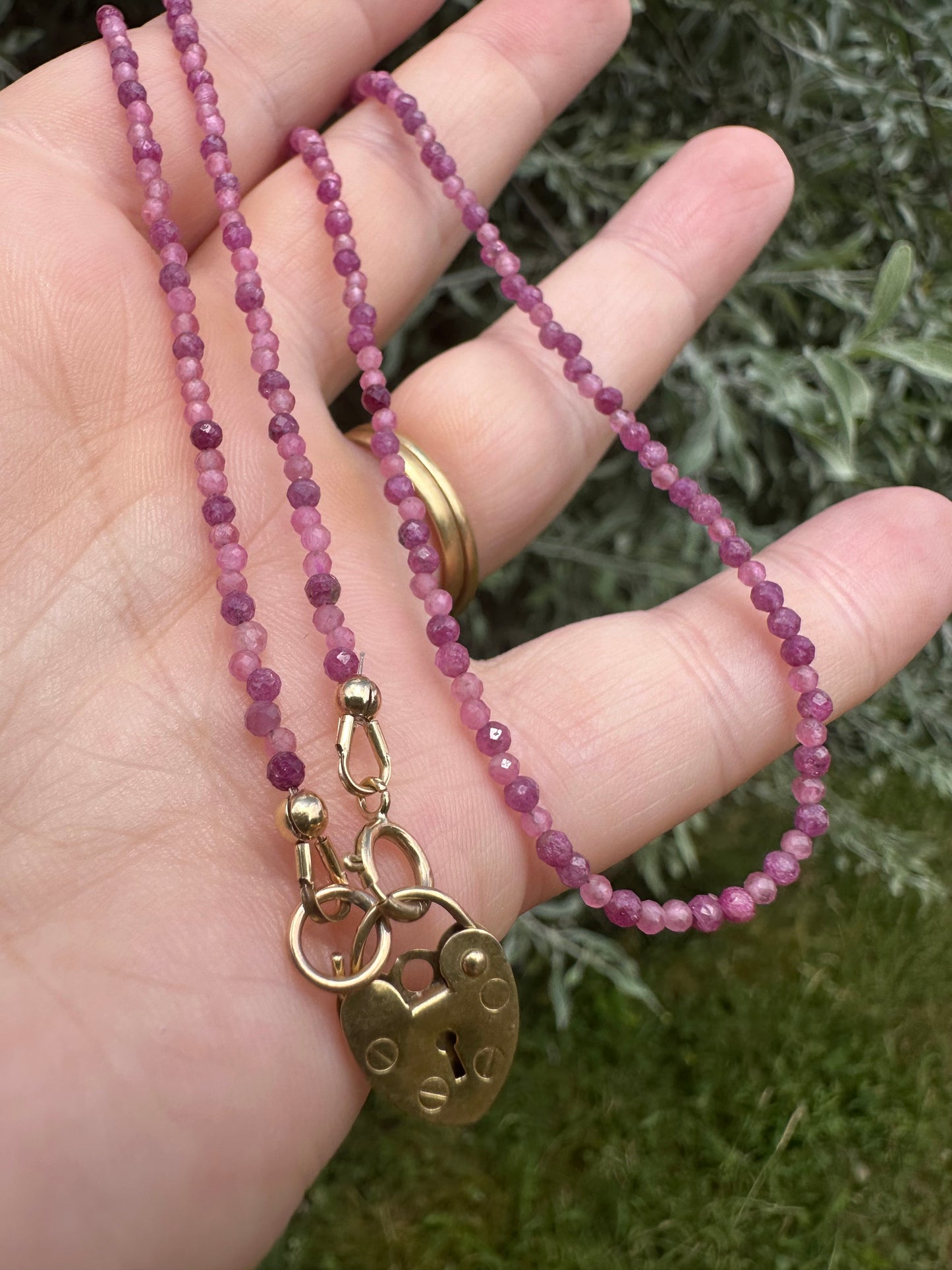 Ruby & Pink Tourmaline mix Mini beads with vintage 9ct Gold heart padlock