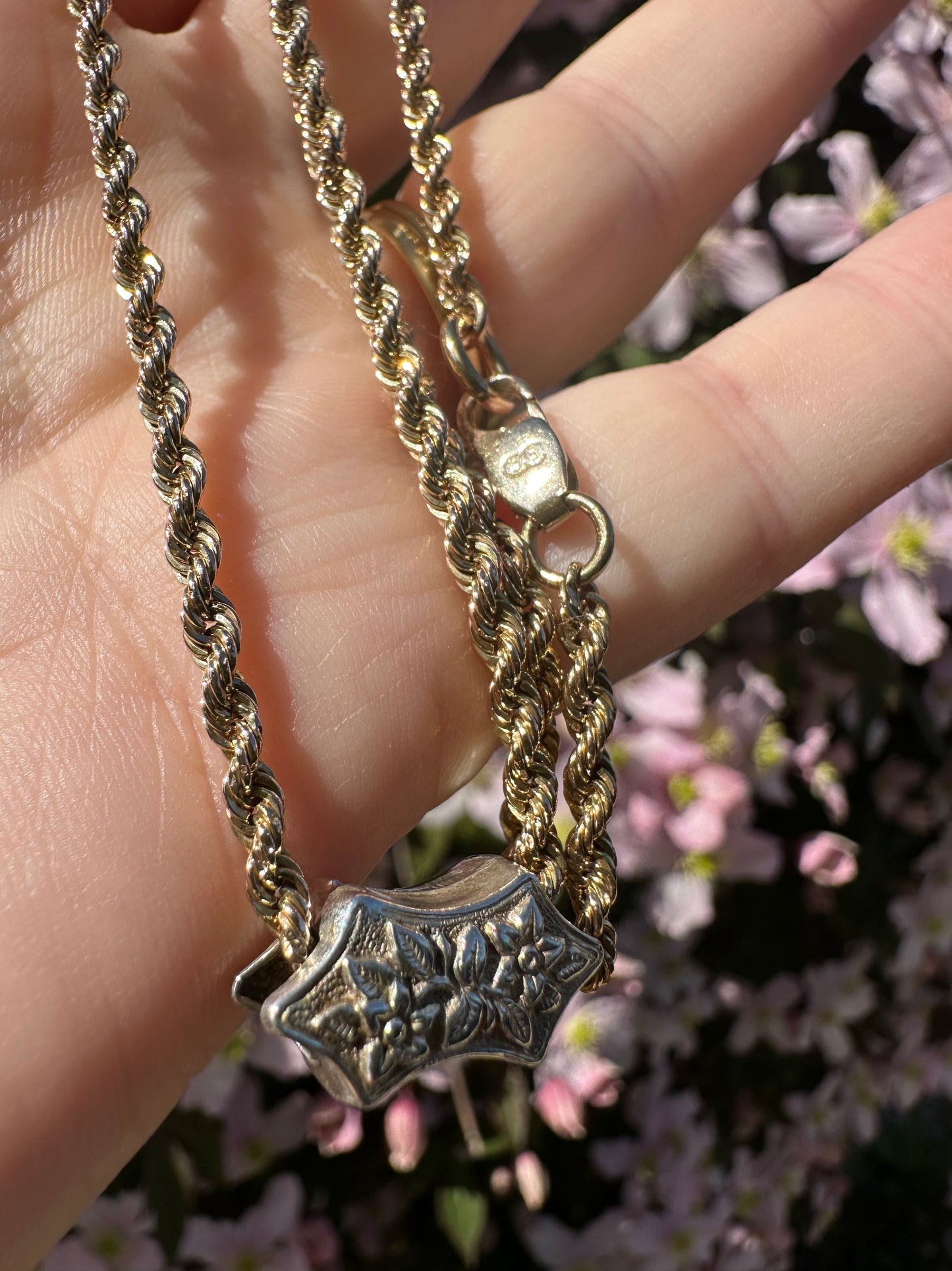 Vintage 9ct Gold Rope chain with Antique silver floral slider