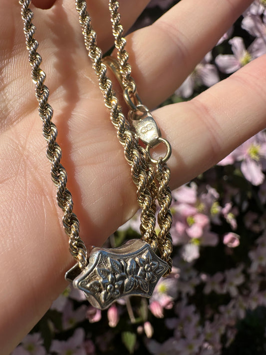 Vintage 9ct Gold Rope chain with Antique silver floral slider
