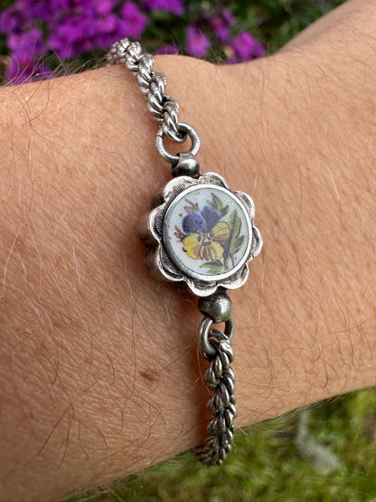 Sterling silver Rope bracelet with Pansy panel
