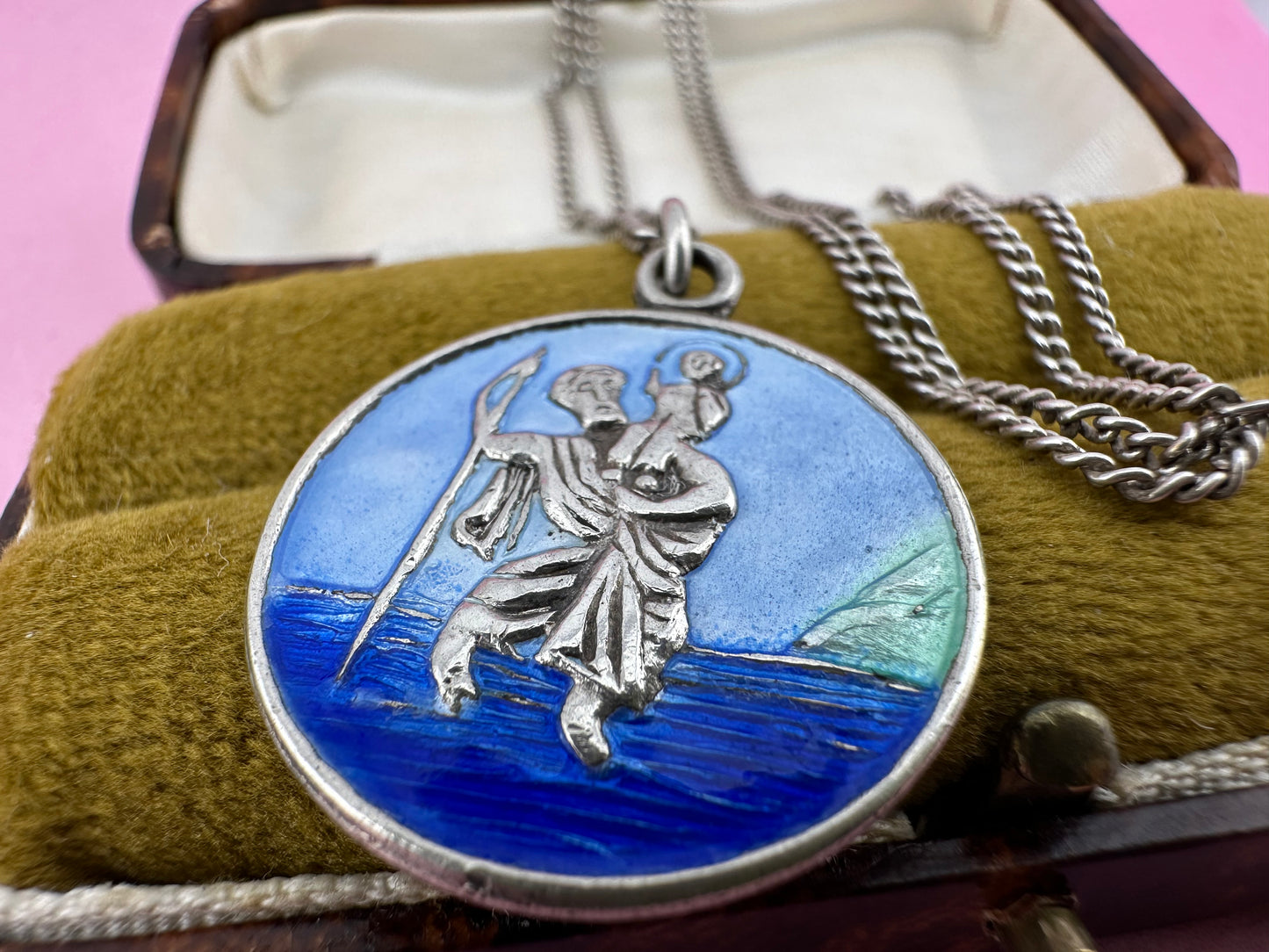 Sterling Silver Enamel St Christopher on a curb chain