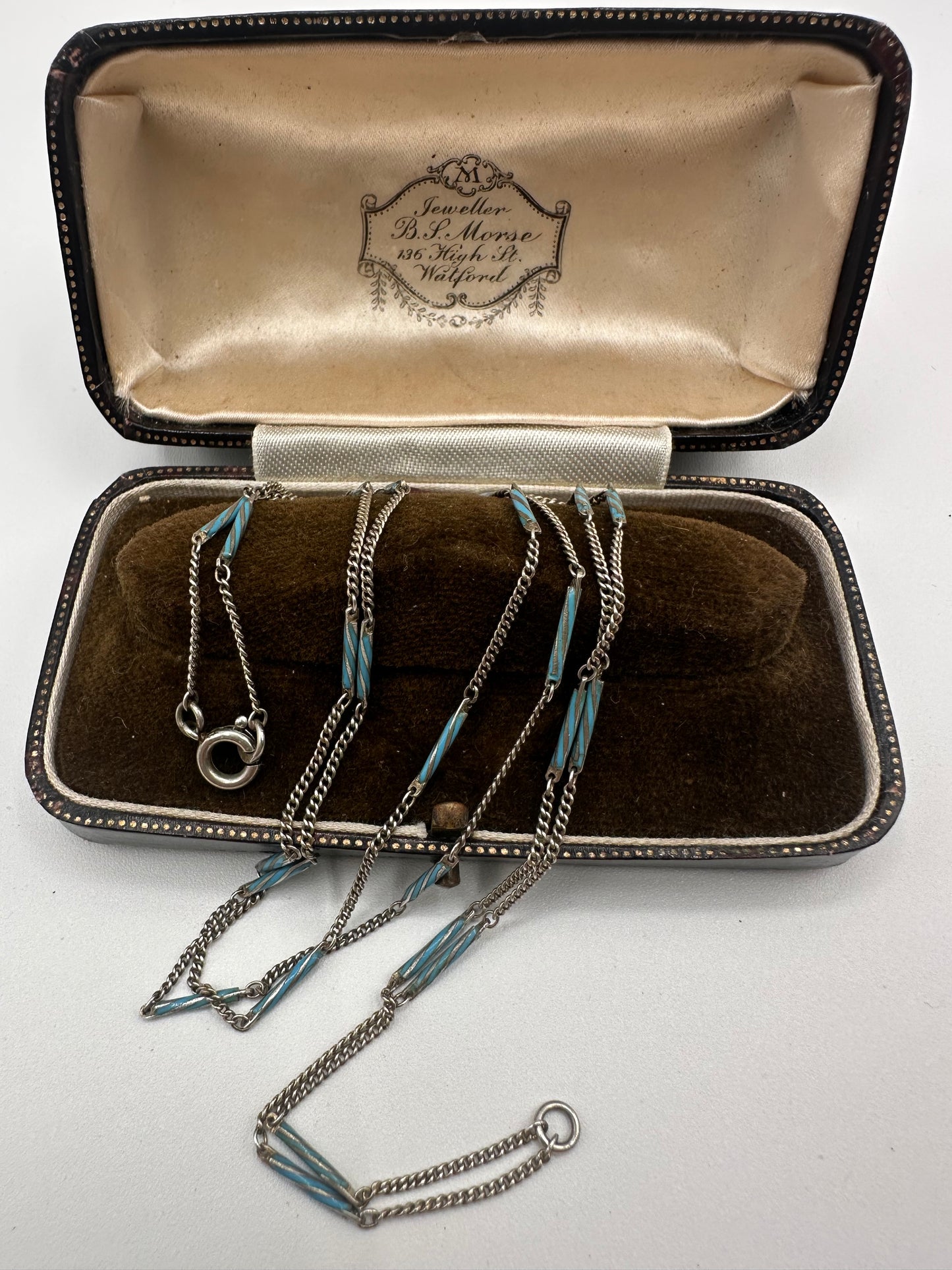 Art Deco 935 Silver and blue enamel bar station chain