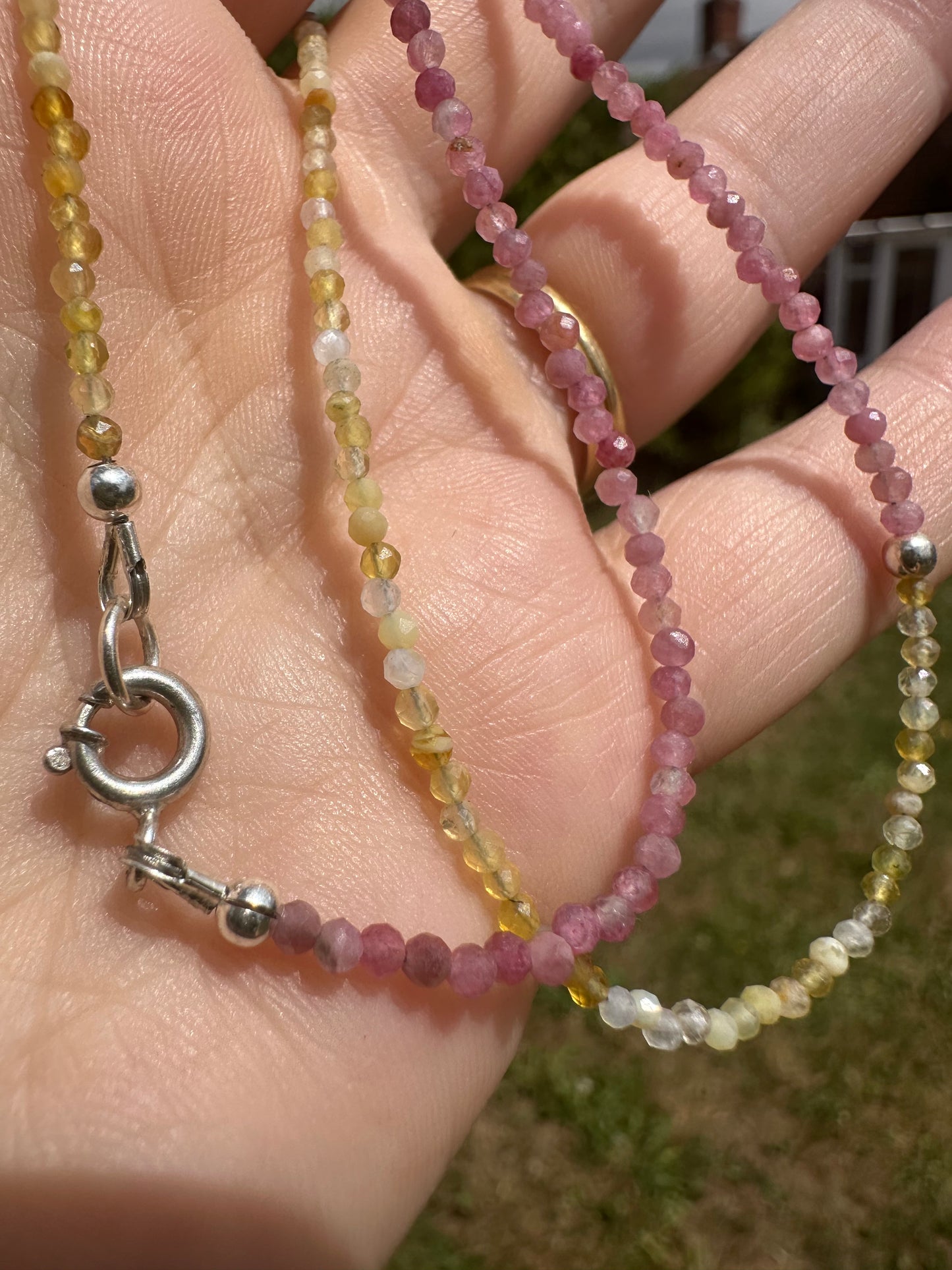 Pink Tourmaline & Yellow Opal Mini beads with Sterling Silver Bolt clasp