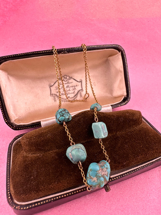 Antique 9ct gold Nugget Turquoise Necklace