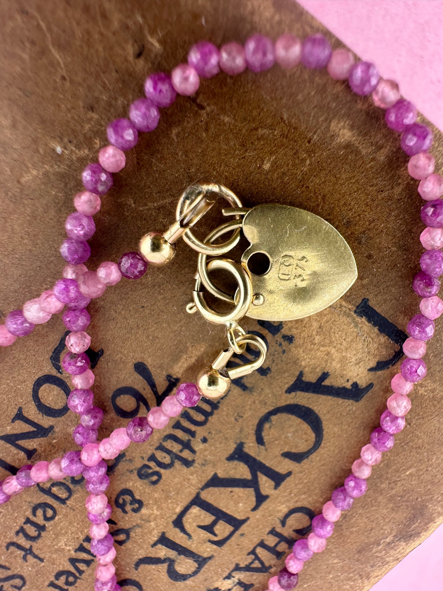 Ruby & Pink Tourmaline mix Mini beads with vintage 9ct Gold heart padlock