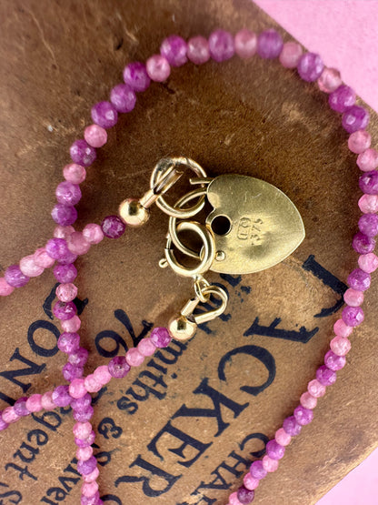 Ruby & Pink Tourmaline mix Mini beads with vintage 9ct Gold heart padlock