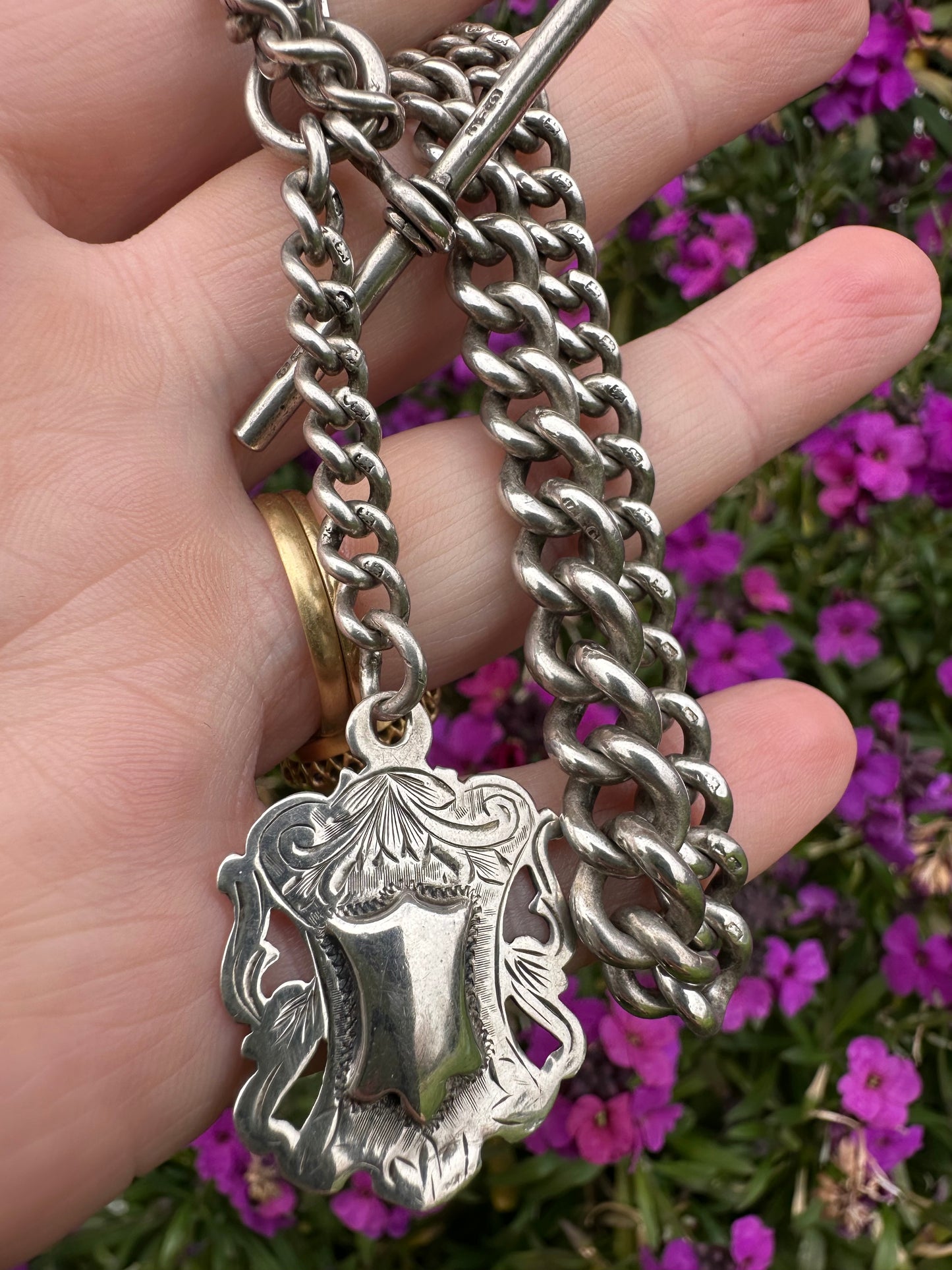 Sterling Silver Graduated Curb Albert with dog clip, fob and T-Bar