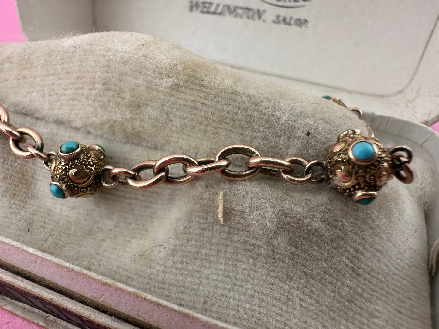 Antique 9ct Rose Gold Turquoise Orb and cable link bracelet with bolt clasp