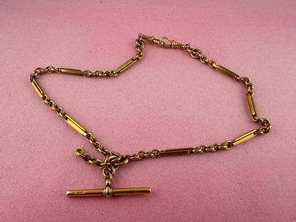 Antique 9ct Yellow Gold Trombone & Lovers Knot Albert chain with double dog clips