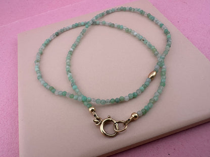 Asymmetrical Australian Chyrsoprase mini beaded necklace with 9ct Bolt clasp and oval bead