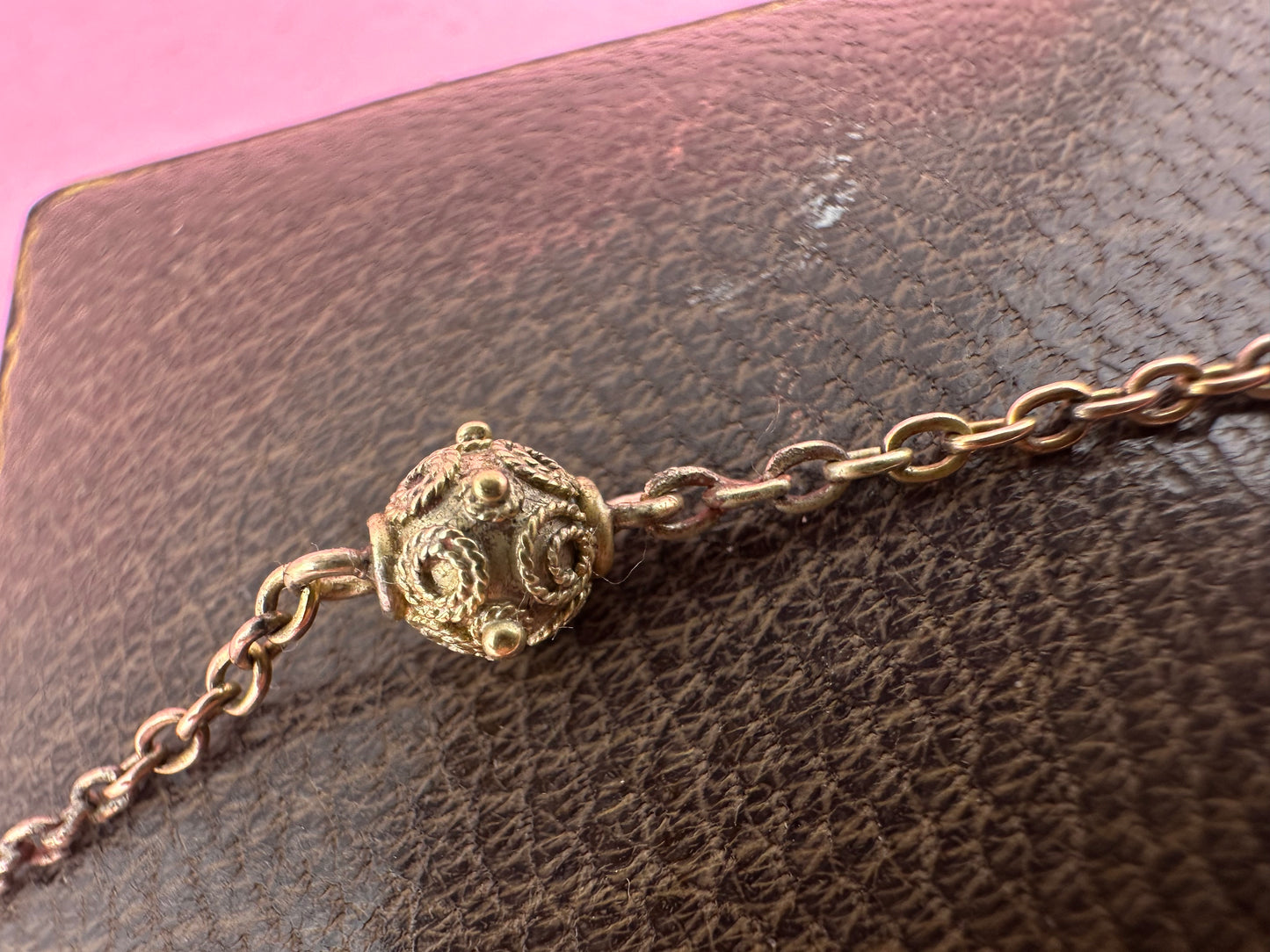 Antique 9ct Light Rose Gold Etruscan revival Orb Station chain