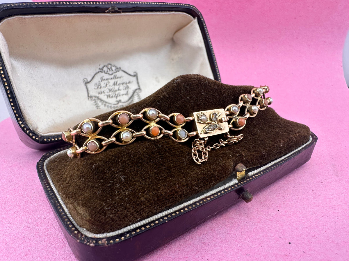 Antique 15ct Gold Coral and Pearl bracelet with stunning barrel clasp