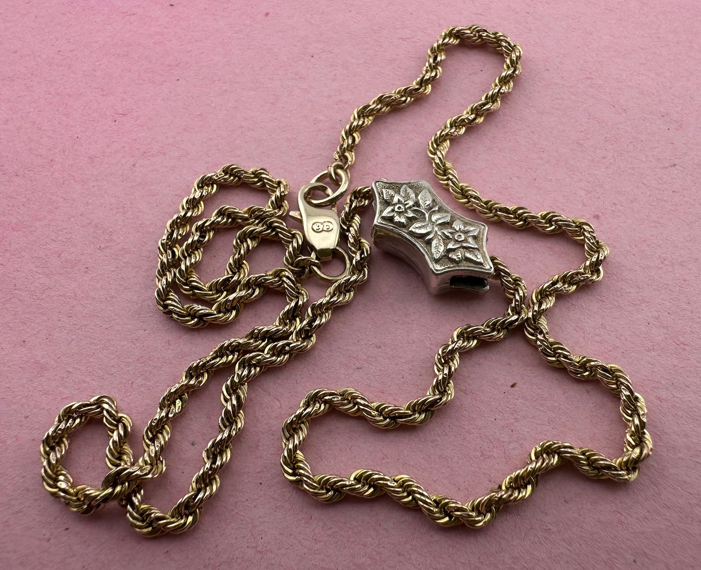Vintage 9ct Gold Rope chain with Antique silver floral slider