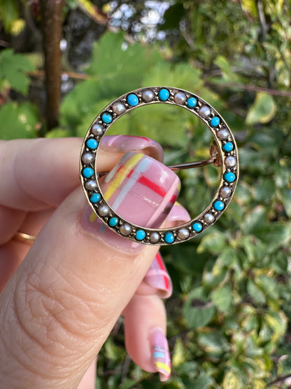 Antique 15ct Gold Turquoise and Pearl circle brooch