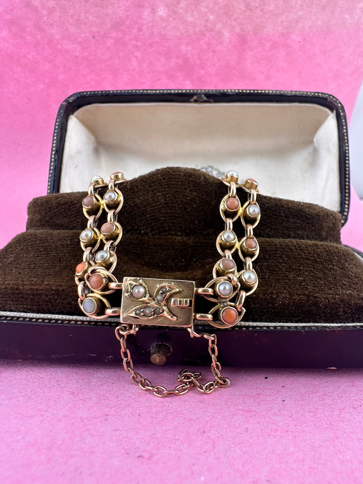 Antique 15ct Gold Coral and Pearl bracelet with stunning barrel clasp