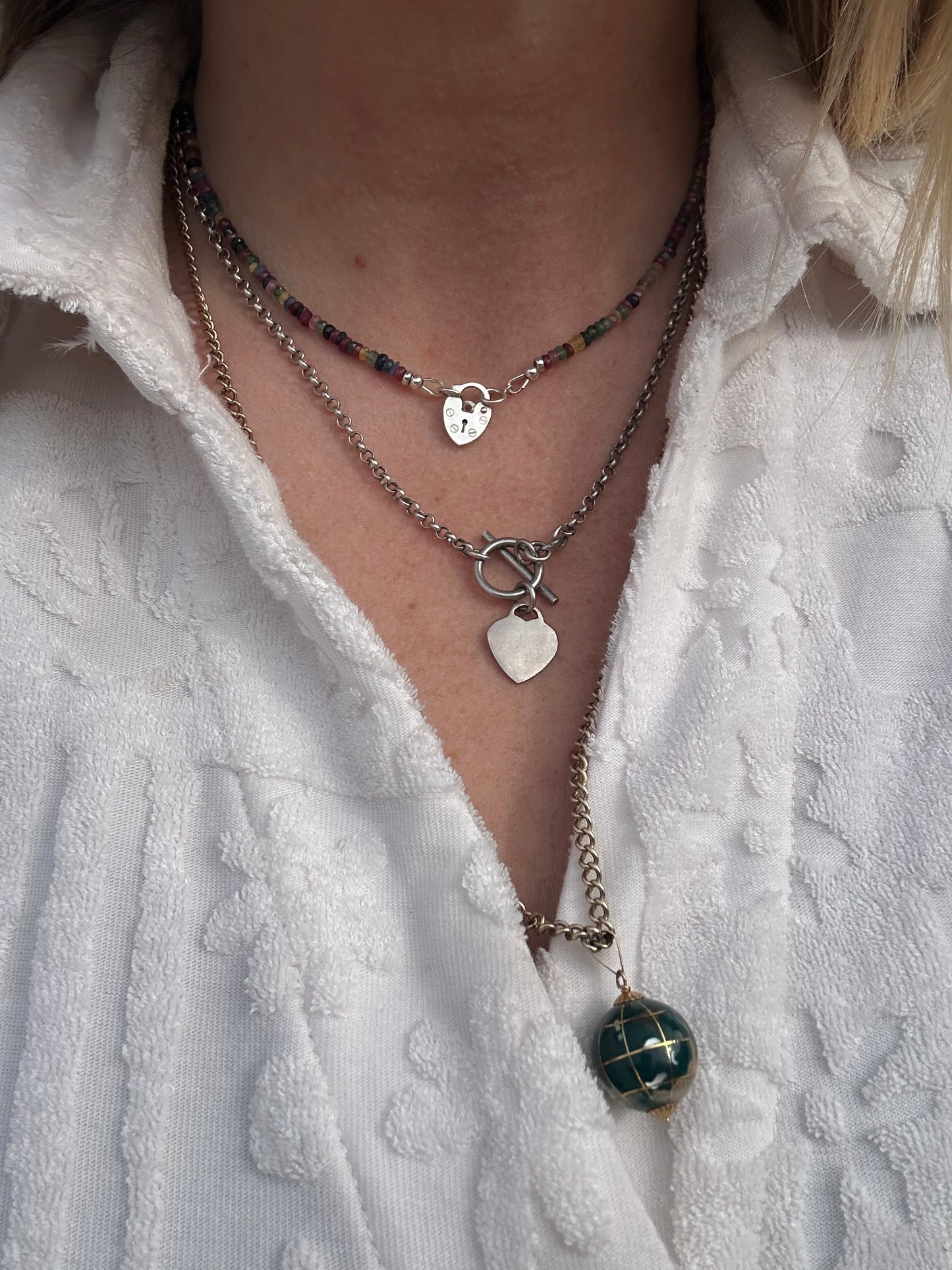 Rainbow- Mixed Gemstone Mini beaded necklace with Vintage Sterling Heart Padlock