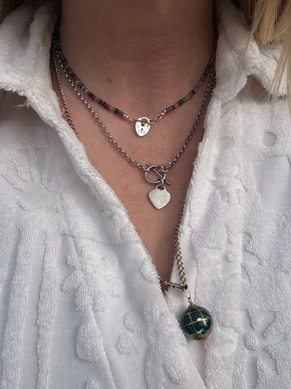 Rainbow- Mixed Gemstone Mini beaded necklace with Vintage Sterling Heart Padlock
