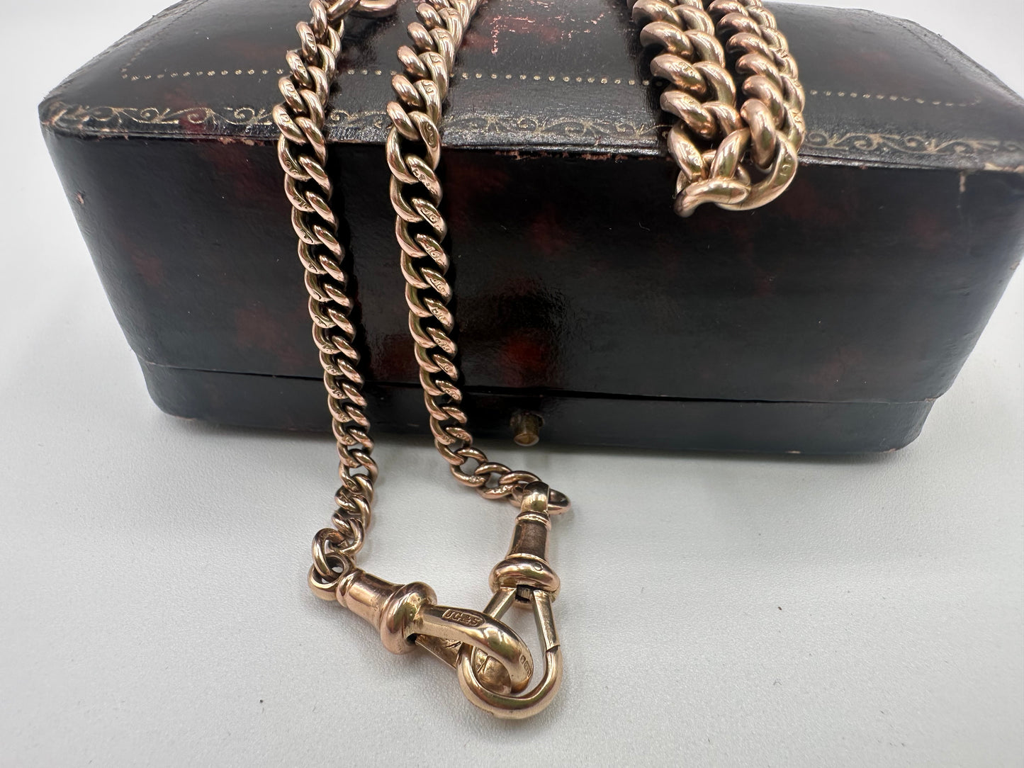Antique 9ct Rose Gold Graduated curb Albert chain with double dog clips