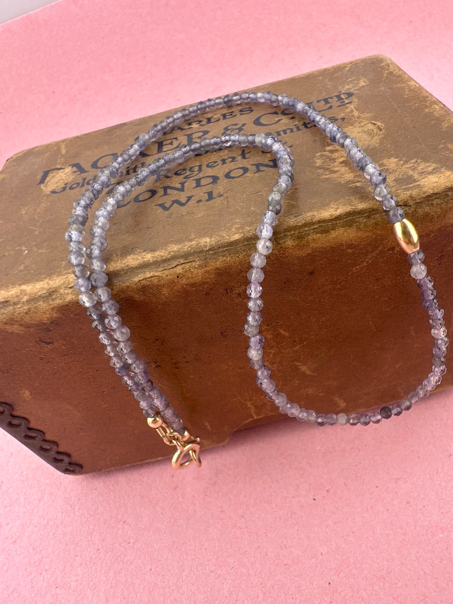 Iolite mini beaded necklace with 9ct Gold Antique Bolt clasp