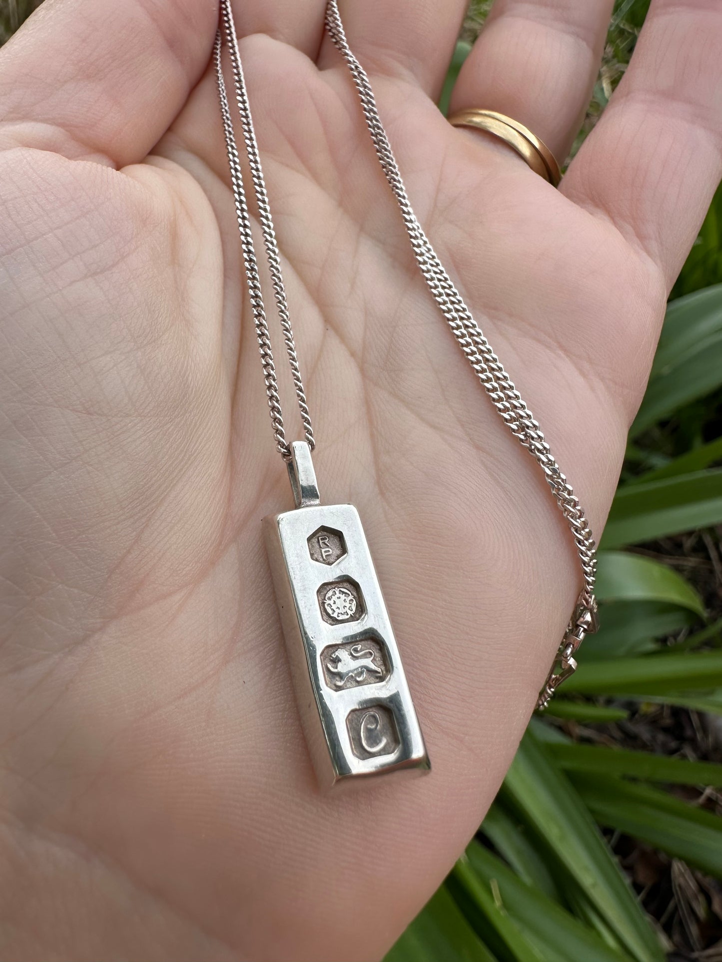 Sterling Silver ingot pendant with sterling silver curb chain