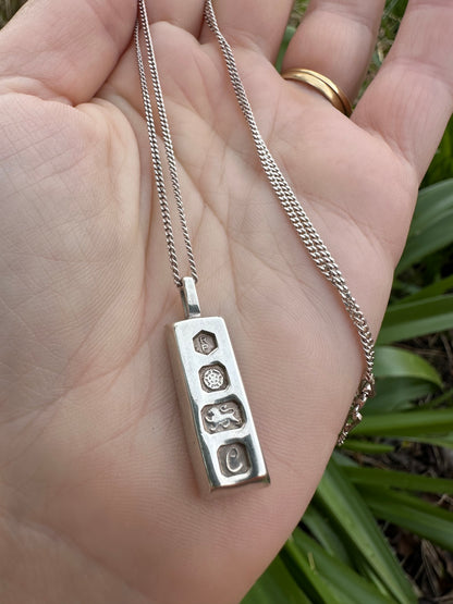 Sterling Silver ingot pendant with sterling silver curb chain