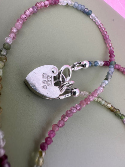 Ombré Tourmaline Mini Beaded necklace with Vintage Sterling Silver Heart Padlock