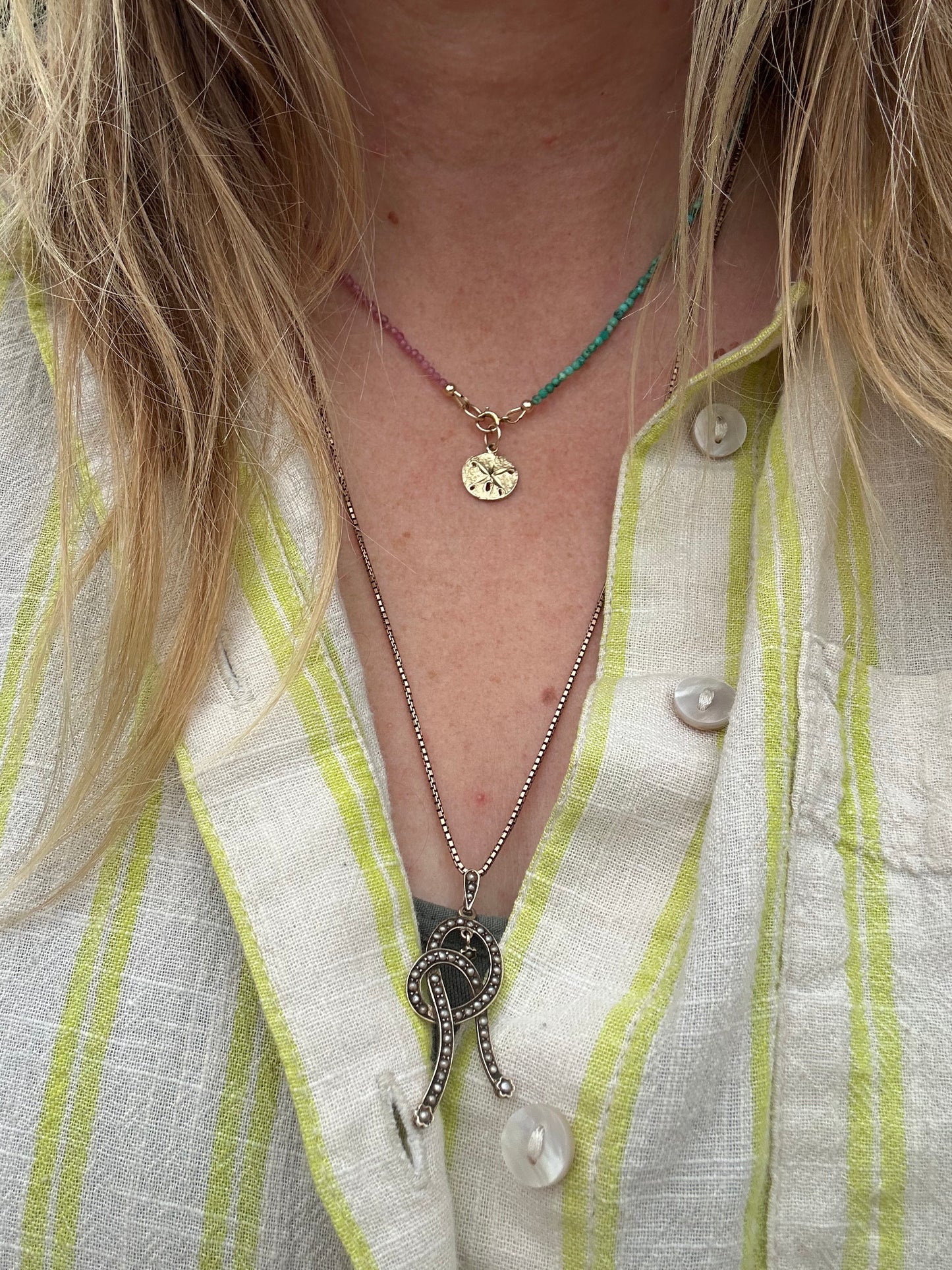 Blush & Tide- Pink Tourmaline and turquoise mini beaded necklace with 9ct gold antique bolt clasp
