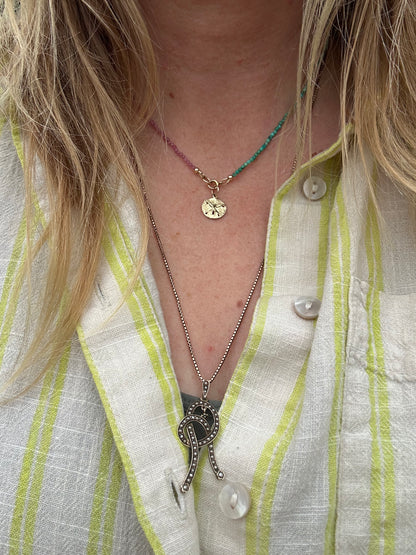 Blush & Tide- Pink Tourmaline and turquoise mini beaded necklace with 9ct gold antique bolt clasp