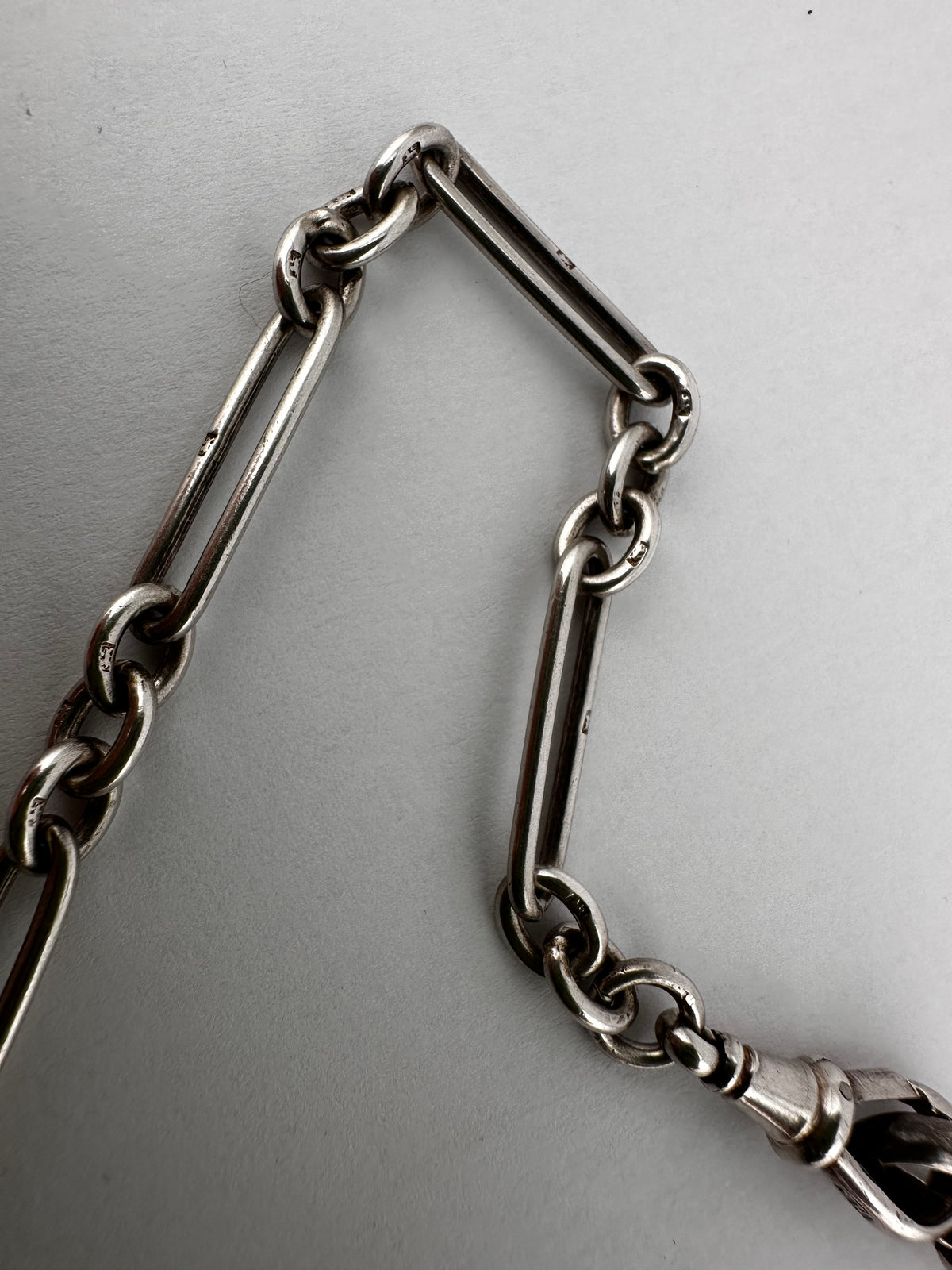Antique Sterling Silver Trombone Albert chain with double dog clips and fixed T-bar