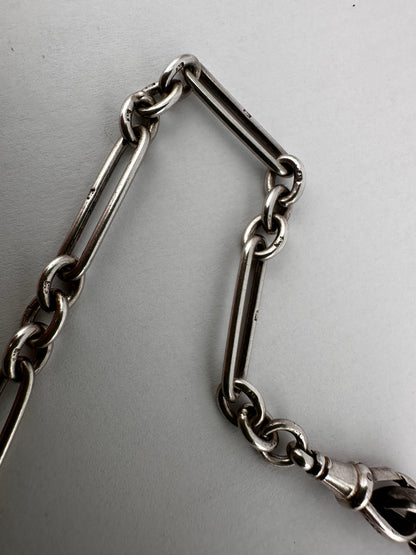 Antique Sterling Silver Trombone Albert chain with double dog clips and fixed T-bar