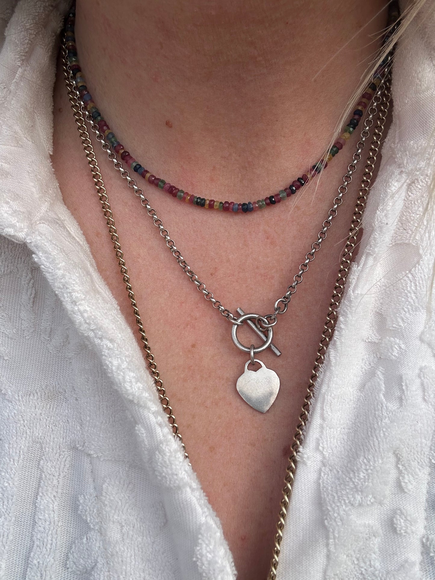 Rainbow- Mixed Gemstone Mini beaded necklace with Vintage Sterling Heart Padlock