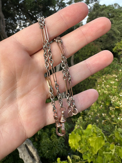 Antique 9ct Rose and White Gold Trombone and Lovers Knot chain