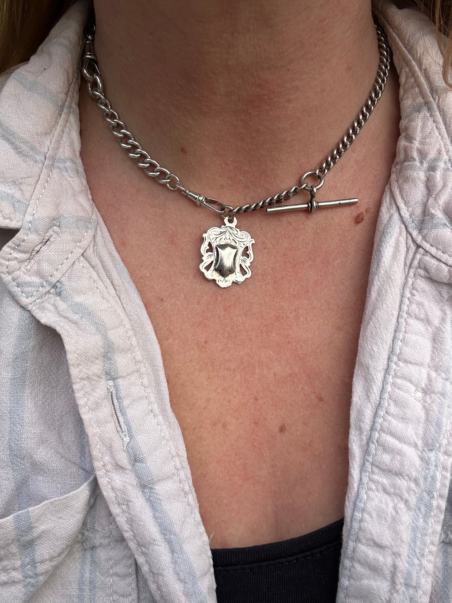 Sterling Silver Graduated Curb Albert with dog clip, fob and T-Bar