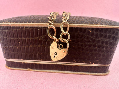 Vintage 9ct Gold Curb and Twist link bracelet with heart padlock