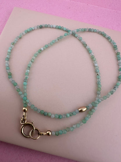 Asymmetrical Australian Chyrsoprase mini beaded necklace with 9ct Bolt clasp and oval bead
