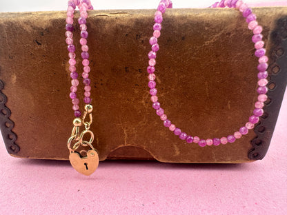Ruby & Pink Tourmaline mix Mini beads with vintage 9ct Gold heart padlock