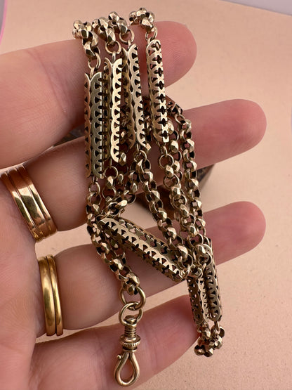 Antique 9ct Gold Fancy Bar and faceted Belcher chain with screw top dogclip
