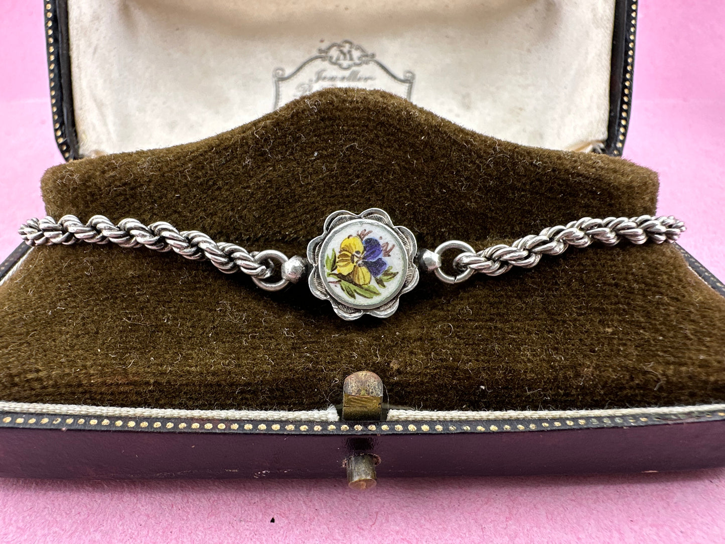 Sterling silver Rope bracelet with Pansy panel