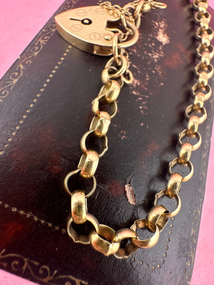 Vintage 9ct Rolo Belcher bracelet with heart padlock