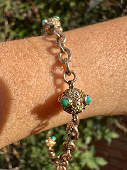 Antique 9ct Rose Gold Turquoise Orb and cable link bracelet with bolt clasp